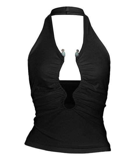 Fall Night Out Ready: White Ruched Halter Top with Beaded Keyhole Cut-Out