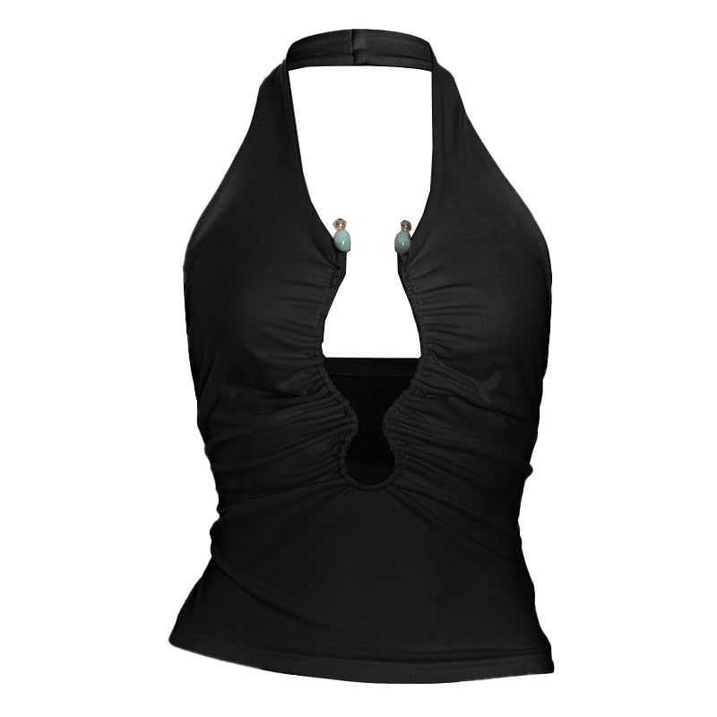 Fall Night Out Ready: White Ruched Halter Top with Beaded Keyhole Cut-Out