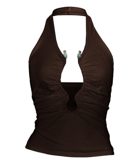 Fall Night Out Ready: White Ruched Halter Top with Beaded Keyhole Cut-Out