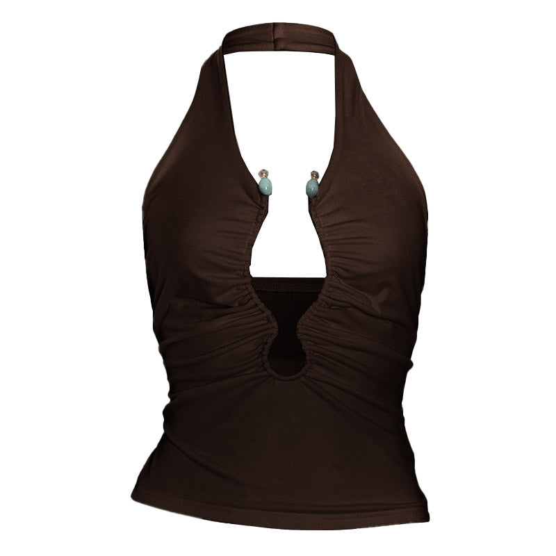 Fall Night Out Ready: White Ruched Halter Top with Beaded Keyhole Cut-Out