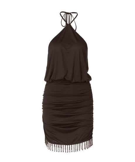 Sultry Burgundy Halter Ruched Mini Dress with Tassel Hem | Fall & Holiday Party Perfect