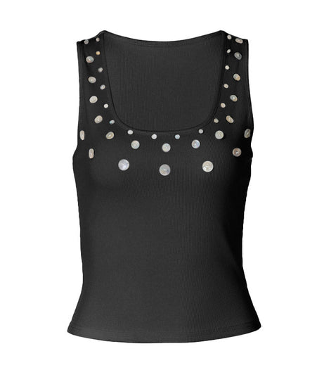 Effortless Chic: White Ribbed Tank Top with Shimmer Appliques | Fall & Holiday Style