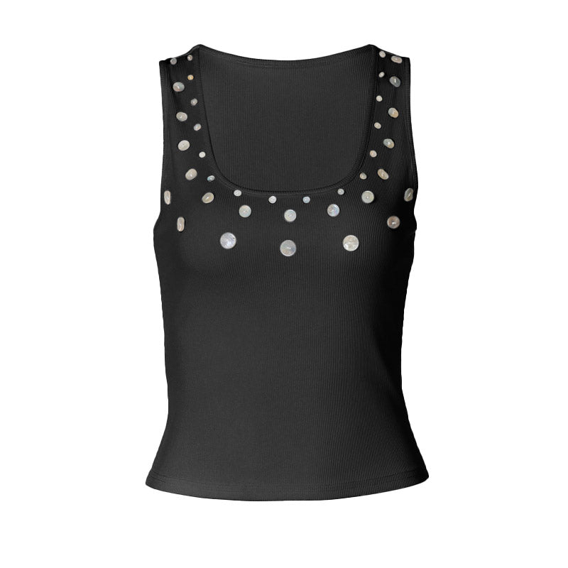 Effortless Chic: White Ribbed Tank Top with Shimmer Appliques | Fall & Holiday Style