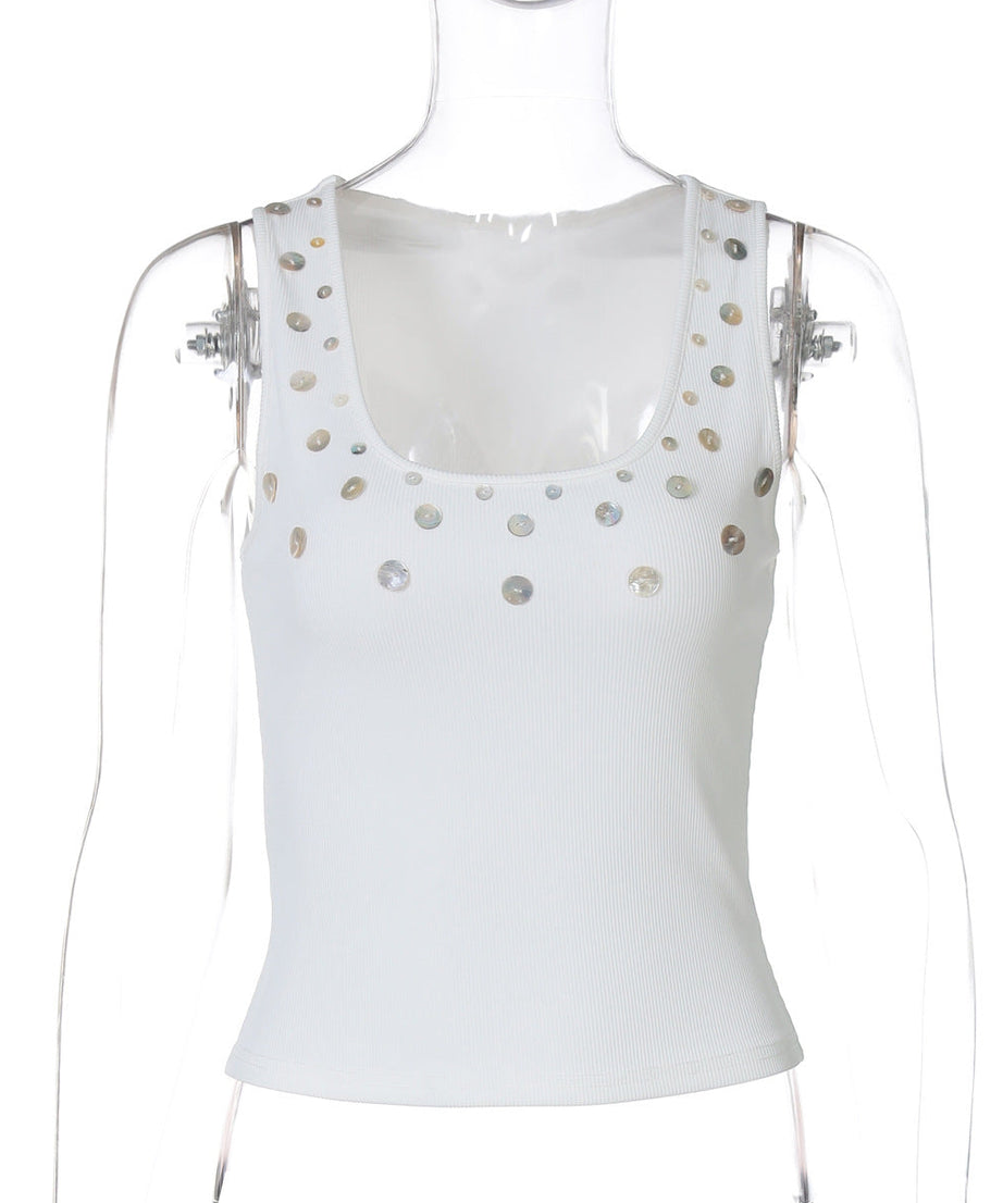 Effortless Chic: White Ribbed Tank Top with Shimmer Appliques | Fall & Holiday Style
