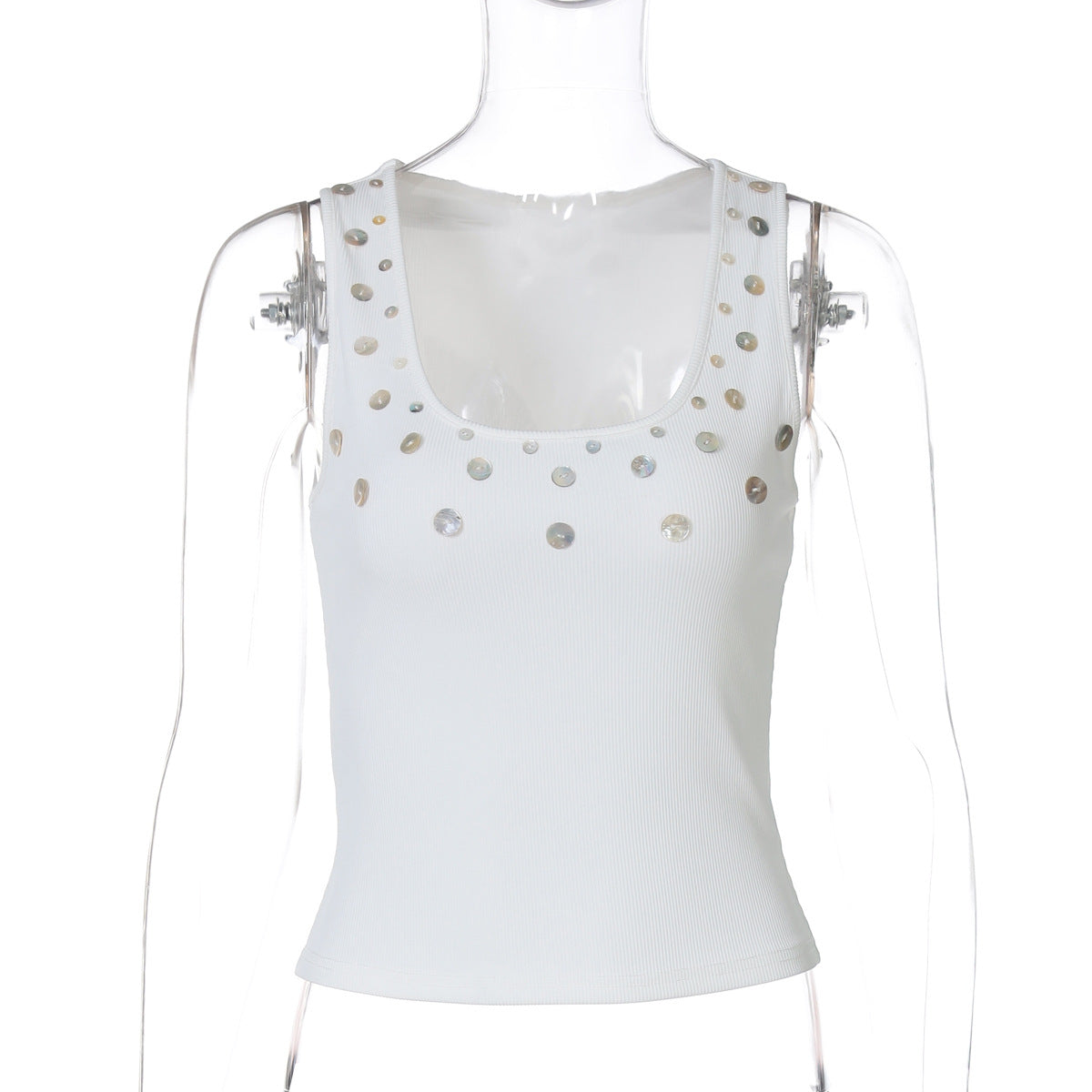Effortless Chic: White Ribbed Tank Top with Shimmer Appliques | Fall & Holiday Style