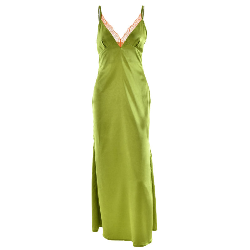 Verdant Green Satin Slip Maxi Dress with Lace V-Neck | Your Essential Fall & Holiday Party Glamour
