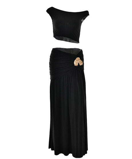 Fall Flair: Chic Olive Green Ruched Maxi Skirt & Asymmetrical Crop Top Set