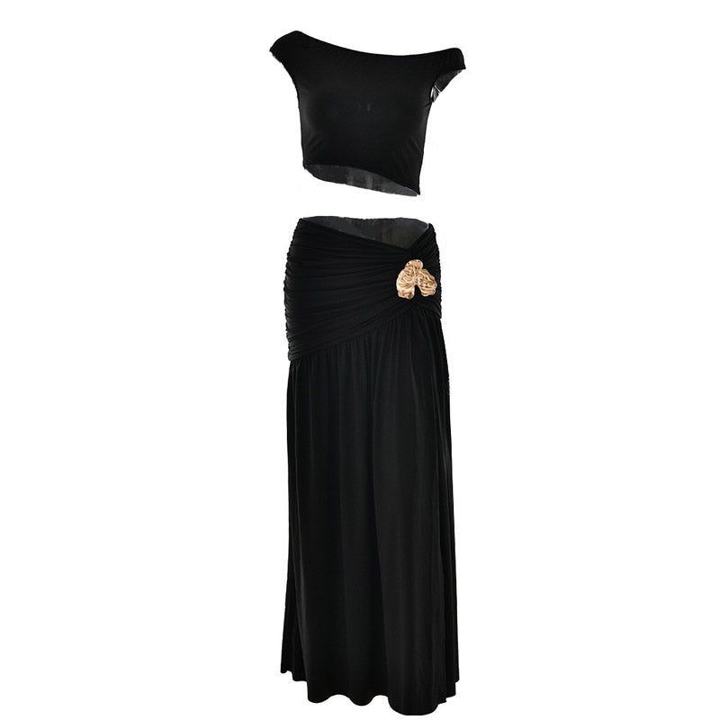 Fall Flair: Chic Olive Green Ruched Maxi Skirt & Asymmetrical Crop Top Set