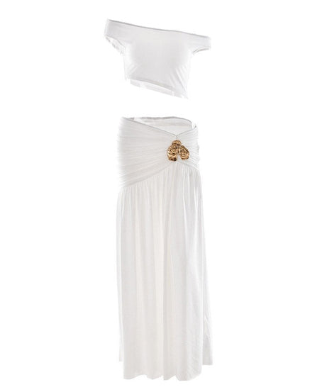 Fall Flair: Chic Olive Green Ruched Maxi Skirt & Asymmetrical Crop Top Set