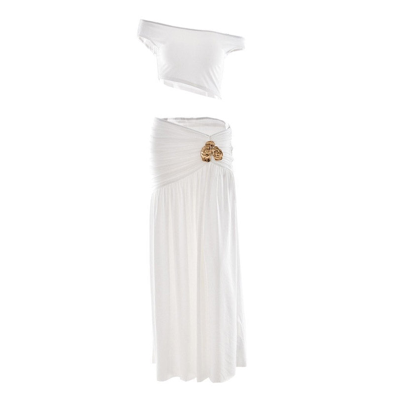 Fall Flair: Chic Olive Green Ruched Maxi Skirt & Asymmetrical Crop Top Set