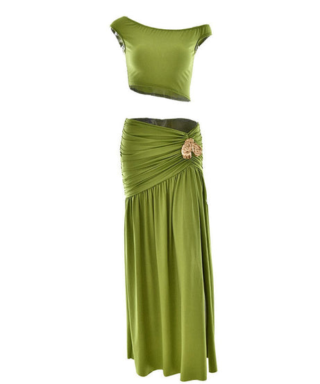 Fall Flair: Chic Olive Green Ruched Maxi Skirt & Asymmetrical Crop Top Set