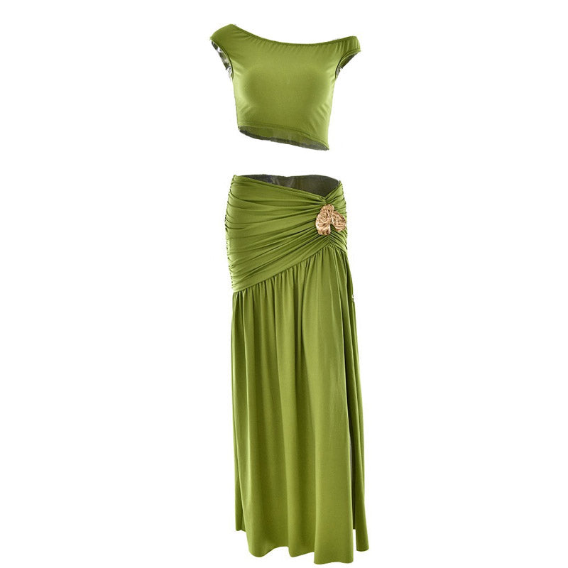 Fall Flair: Chic Olive Green Ruched Maxi Skirt & Asymmetrical Crop Top Set