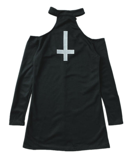 Spooky Chic Cold Shoulder Cross Mini Dress - Perfect for Halloween & Fall Goth Style