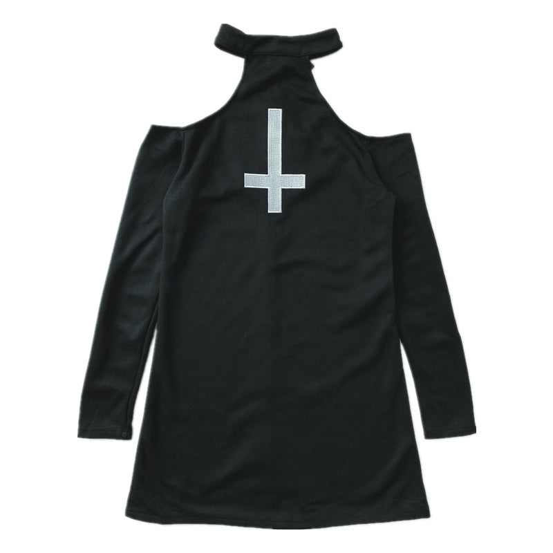 Spooky Chic Cold Shoulder Cross Mini Dress - Perfect for Halloween & Fall Goth Style