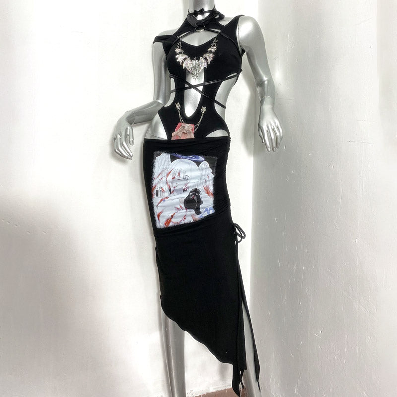 Dark Romance Bat Wing Rhinestone Bodysuit - Edgy Cutout Clubwear & Halloween