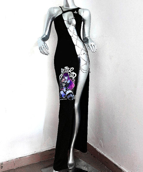 Daring Goth Glam Chain Slit Maxi Dress | Edgy Fall Nights & Halloween Statement