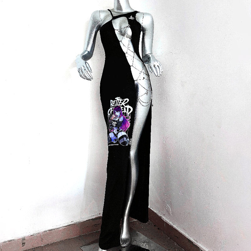 Daring Goth Glam Chain Slit Maxi Dress | Edgy Fall Nights & Halloween Statement