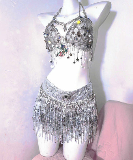 Celestial Siren Chainmail Halter Top – Whimsical Charms, Skeleton Hands & Star Tassels