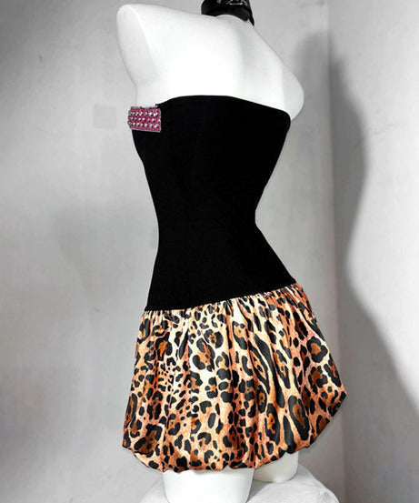 Fierce & Fun: Y2K Leopard & Pink Strapless Mini Dress - Bejeweled Fall Party Essential