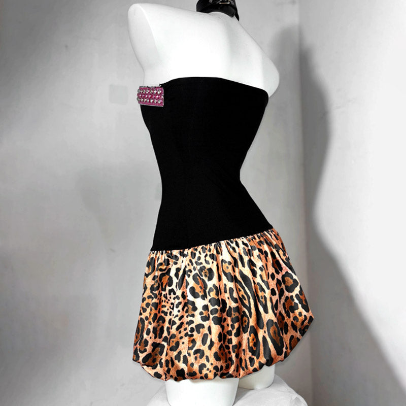 Fierce & Fun: Y2K Leopard & Pink Strapless Mini Dress - Bejeweled Fall Party Essential