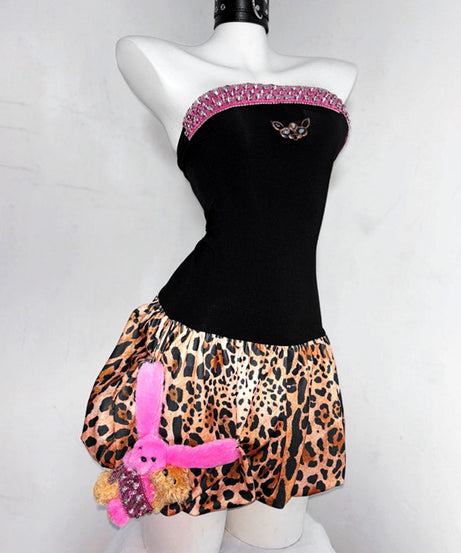 Fierce & Fun: Y2K Leopard & Pink Strapless Mini Dress - Bejeweled Fall Party Essential