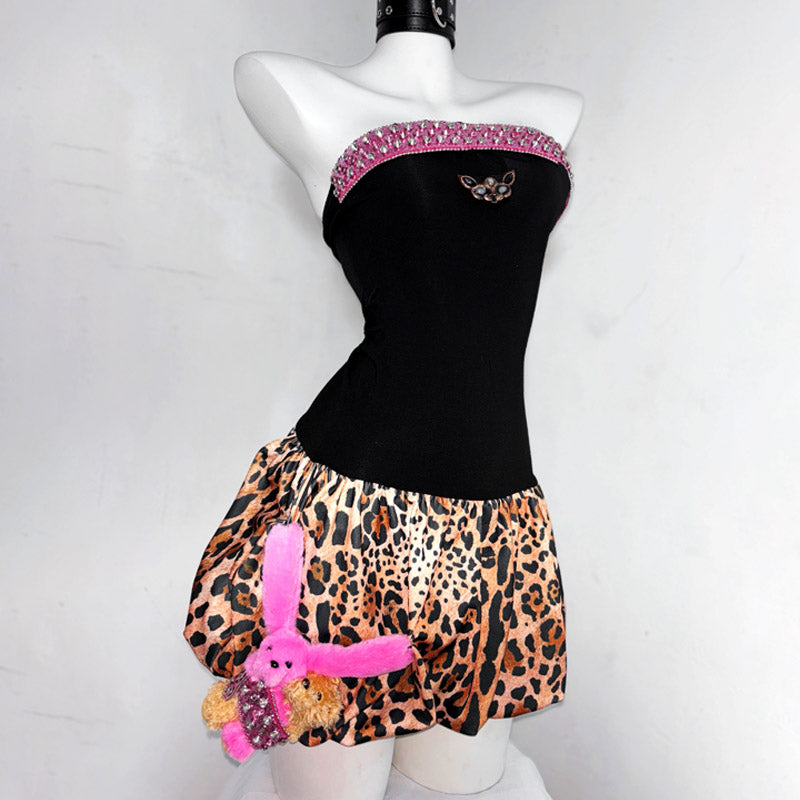 Fierce & Fun: Y2K Leopard & Pink Strapless Mini Dress - Bejeweled Fall Party Essential