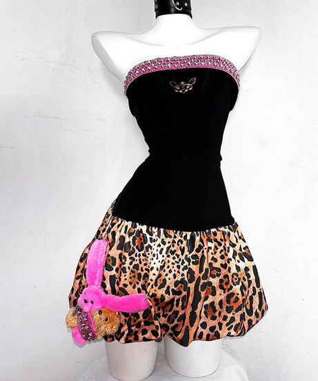 Fierce & Fun: Y2K Leopard & Pink Strapless Mini Dress - Bejeweled Fall Party Essential