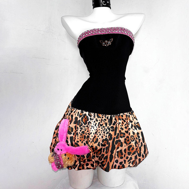 Fierce & Fun: Y2K Leopard & Pink Strapless Mini Dress - Bejeweled Fall Party Essential