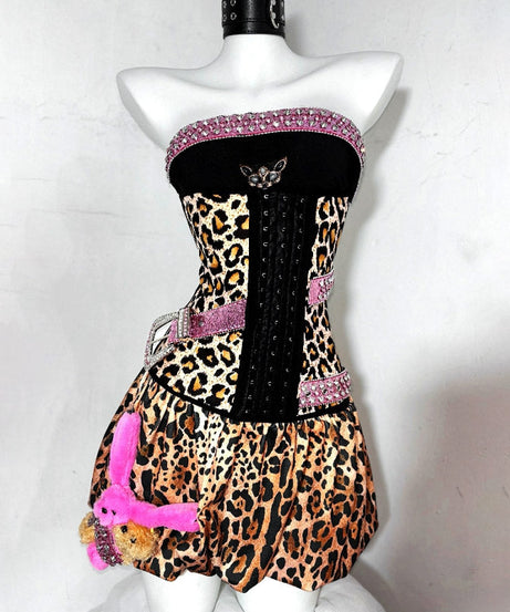 Fierce & Fun: Y2K Leopard & Pink Strapless Mini Dress - Bejeweled Fall Party Essential
