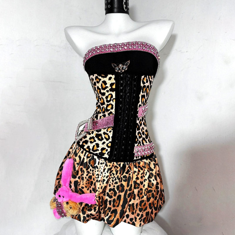 Fierce & Fun: Y2K Leopard & Pink Strapless Mini Dress - Bejeweled Fall Party Essential