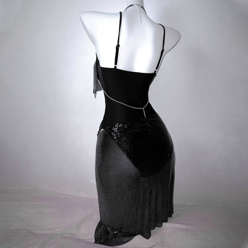 Spooky Chic Rhinestone Skull Cutout Bodysuit | Edgy Halter Clubwear for Halloween & Beyond