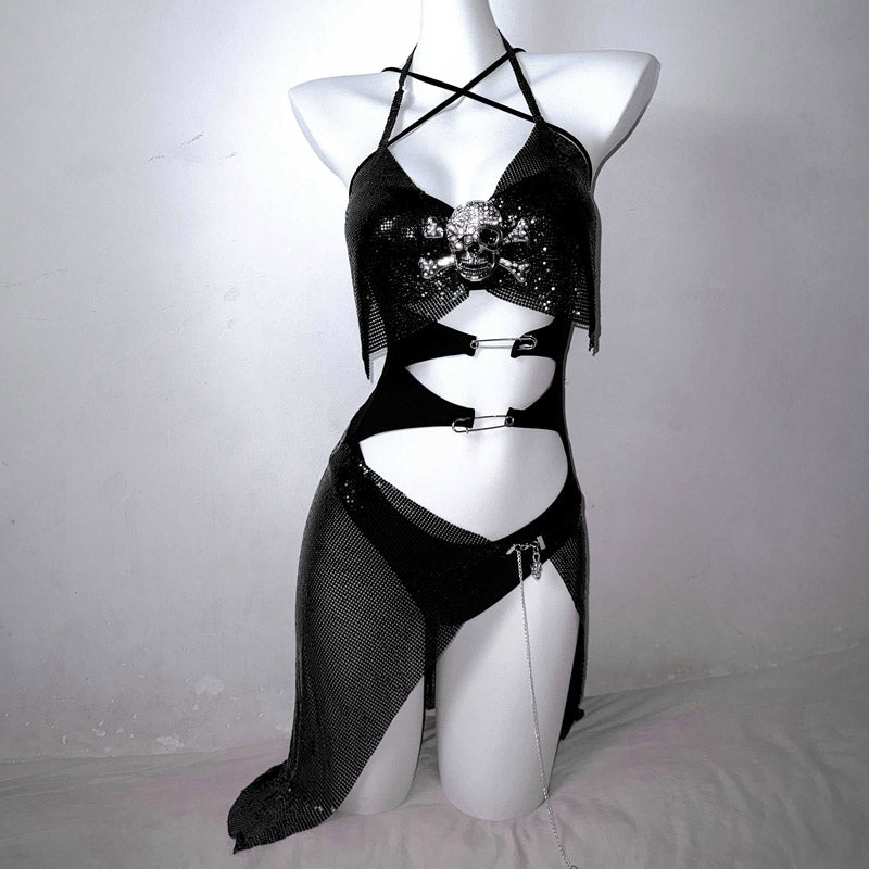 Spooky Chic Rhinestone Skull Cutout Bodysuit | Edgy Halter Clubwear for Halloween & Beyond