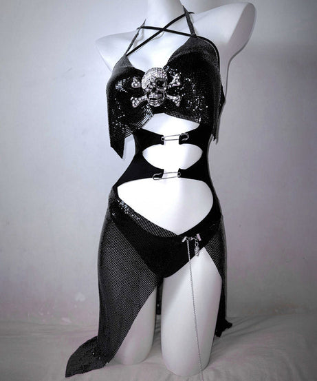 Spooky Chic Rhinestone Skull Cutout Bodysuit | Edgy Halter Clubwear for Halloween & Beyond