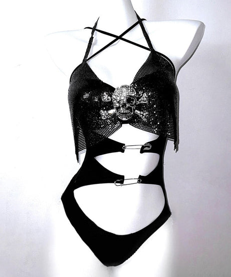 Spooky Chic Rhinestone Skull Cutout Bodysuit | Edgy Halter Clubwear for Halloween & Beyond