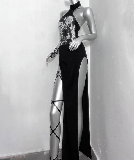 Edgy Anime Halter Maxi Dress | High Slit, Lace-Up Sleeve & Garter | Fall Party Statement Gown