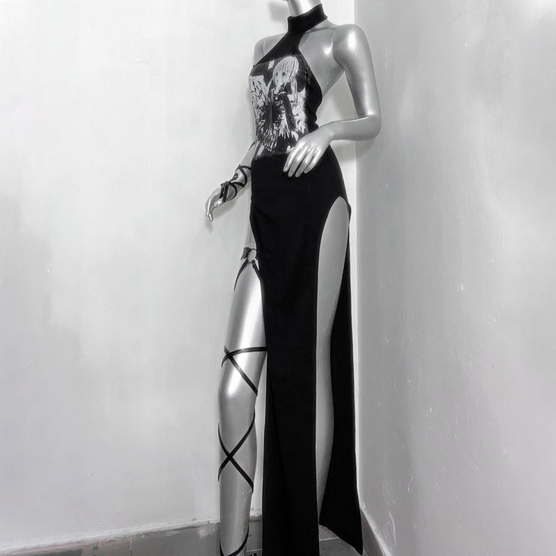 Edgy Anime Halter Maxi Dress | High Slit, Lace-Up Sleeve & Garter | Fall Party Statement Gown
