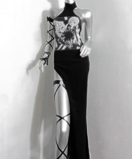 Edgy Anime Halter Maxi Dress | High Slit, Lace-Up Sleeve & Garter | Fall Party Statement Gown