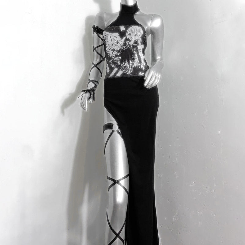 Edgy Anime Halter Maxi Dress | High Slit, Lace-Up Sleeve & Garter | Fall Party Statement Gown
