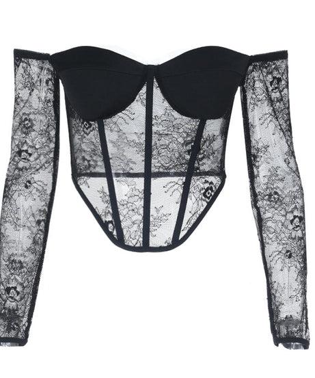 Seductive Black Lace Corset Top - Off-Shoulder Long Sleeve for Fall & Holiday Glamour