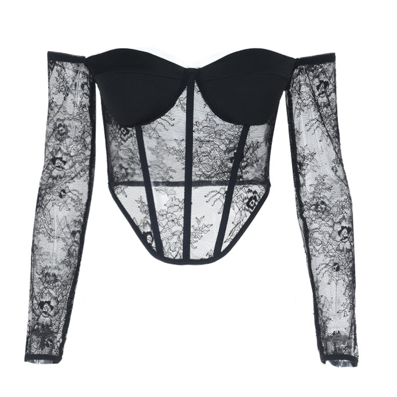 Seductive Black Lace Corset Top - Off-Shoulder Long Sleeve for Fall & Holiday Glamour