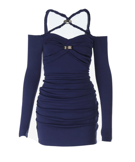 Chic Allure Navy Ruched Mini Dress: Off-Shoulder Halter & Gold Accent | Fall & Holiday Ready