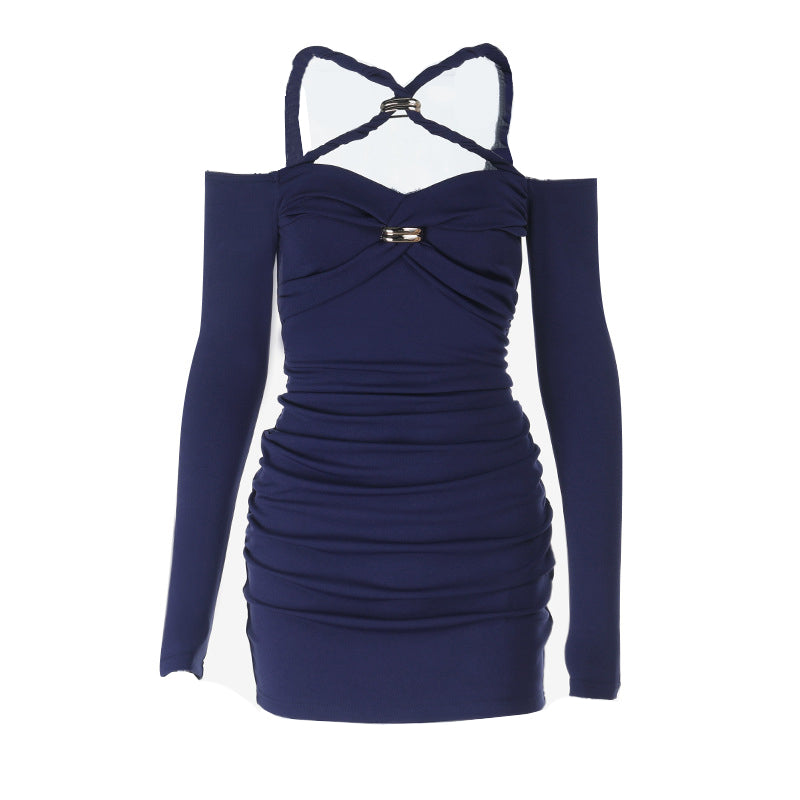 Chic Allure Navy Ruched Mini Dress: Off-Shoulder Halter & Gold Accent | Fall & Holiday Ready