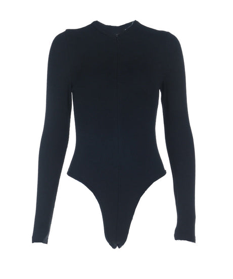 Sleek & Versatile: Black Ribbed Long Sleeve Quarter-Zip Bodysuit - Fall Wardrobe Essential
