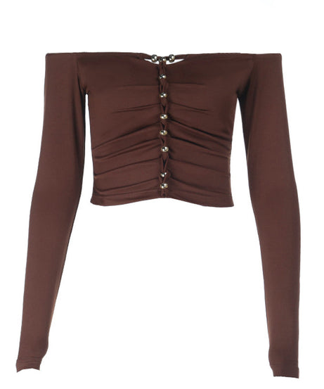 Effortless Fall Glam: Off-Shoulder Ruched Crop Top with Chic Beaded Detail