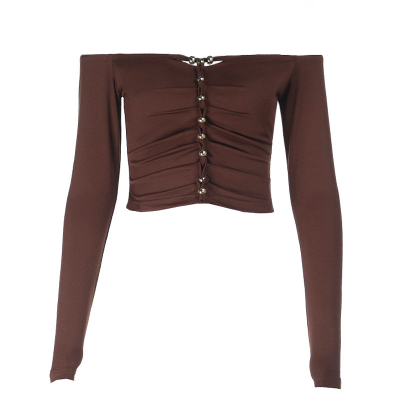 Effortless Fall Glam: Off-Shoulder Ruched Crop Top with Chic Beaded Detail