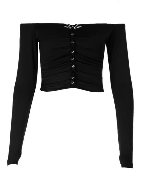 Effortless Fall Glam: Off-Shoulder Ruched Crop Top with Chic Beaded Detail