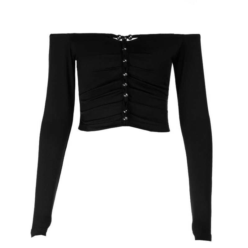 Effortless Fall Glam: Off-Shoulder Ruched Crop Top with Chic Beaded Detail