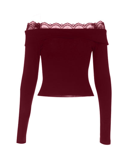 Chic Black Ribbed Knit Off-Shoulder Top with Delicate Lace Trim – Your Essential Fall & Holiday Style
