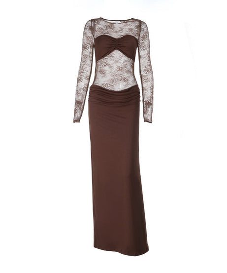 Autumn Allure: Sheer Lace Long Sleeve Ruched Maxi Dress - Chocolate Brown Evening Gown