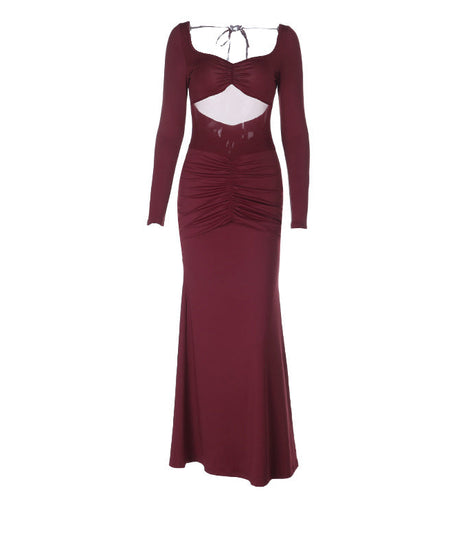 Alluring Wine Red Maxi Dress - Elegant Long Sleeve Cut-Out Ruched Gown for Fall & Holiday Parties